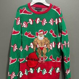 Blizzard Bay Ugly Christmas Holiday Gains Sweater Men’s SMALL S Muscle Santa Gym